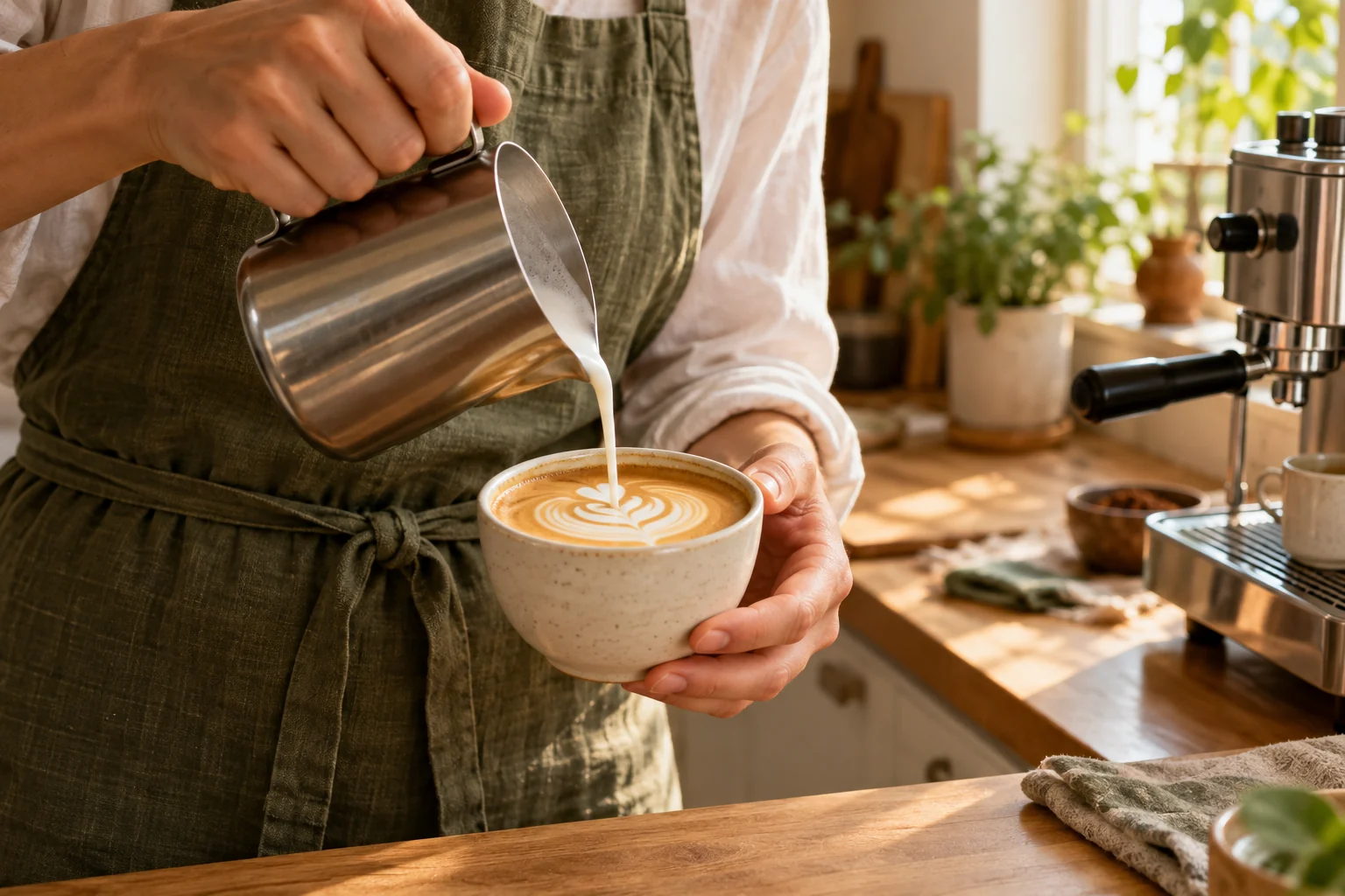 Melk schenken in een cappuccino in een lichte keuken